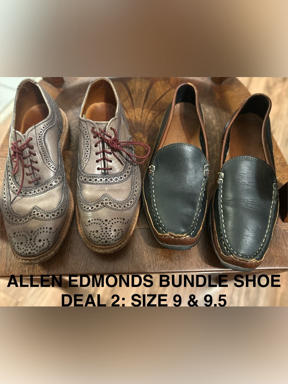 Allen Edmonds Men's Brown Wingtip Brogues and Black Leather Loafers Bundle 9&9.5